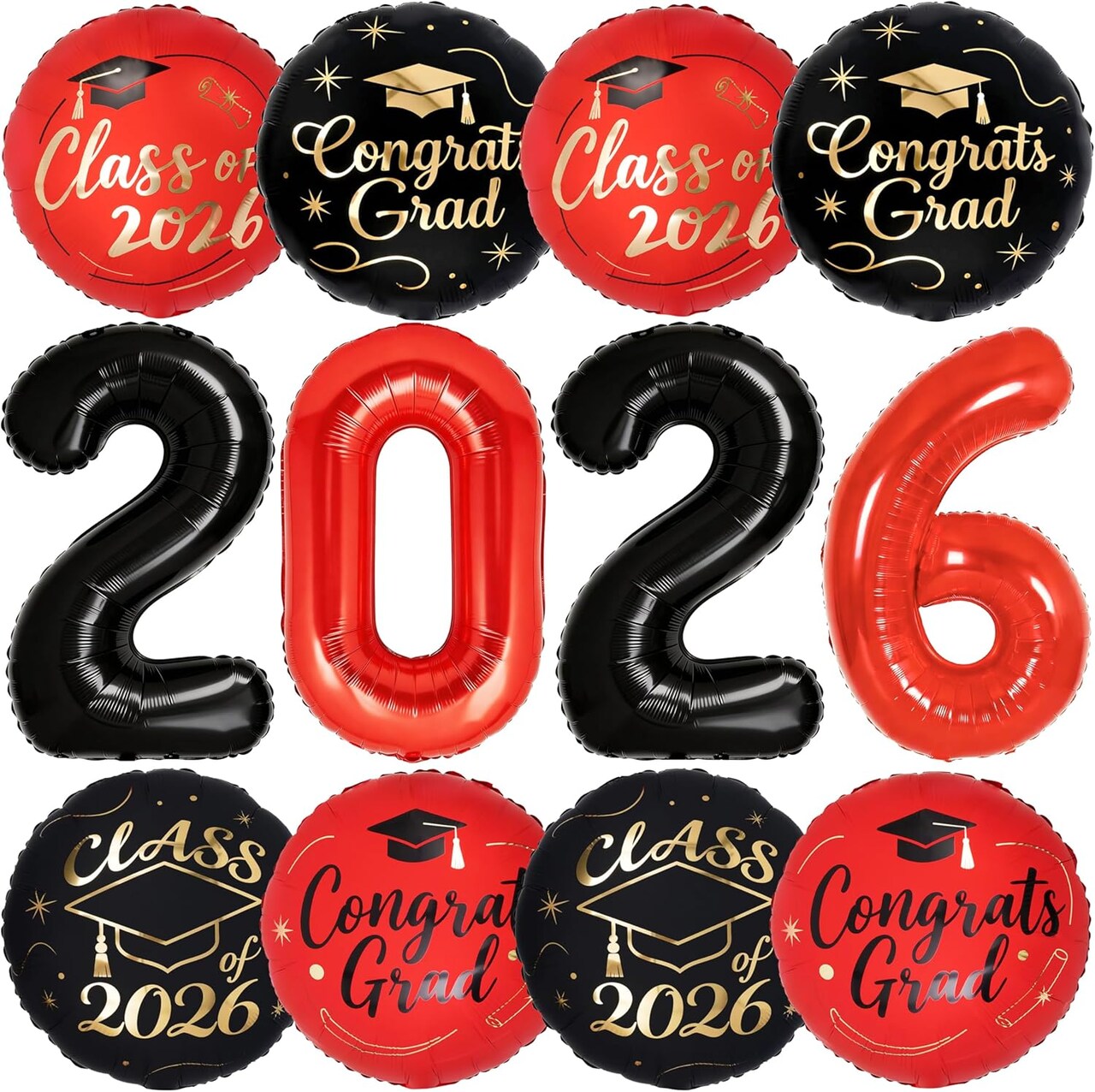 Graduation Party Balloons – Class of 2026 Black, Red & Gold 12PCS Foil Balloon Set with 40" 2026 Number Balloons & 18" Congrats Grad Mylar Balloons for Graduation Decorations